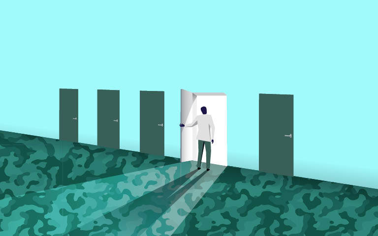 Illustration:  Man in lab coat walking on camouflage carpet opening one of 5 doors