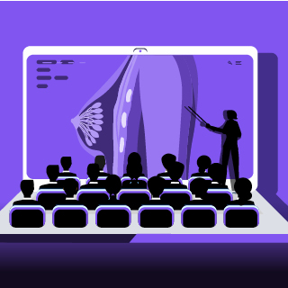 illustration of people sitting on a laptop learning about mammography