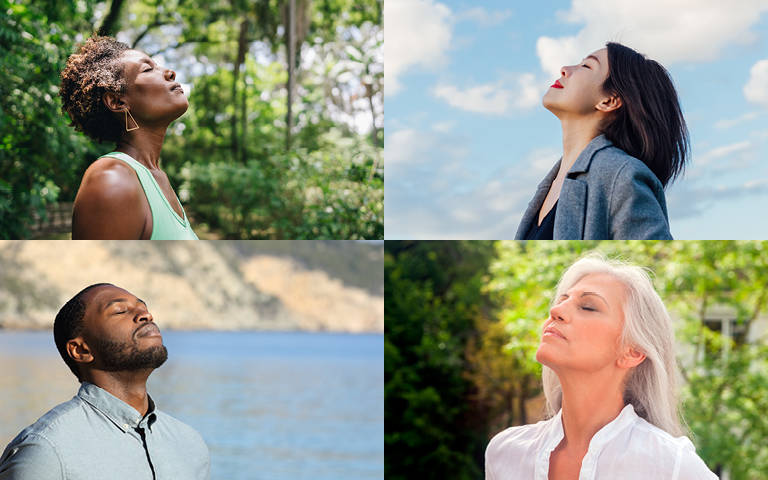 4 photos of diverse people taking a breath of fresh air