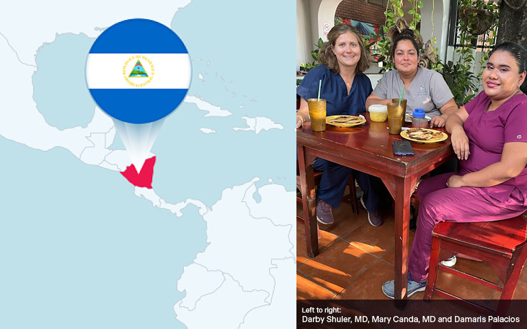 Map showing Nicaragua, photo of  Darby Shuler, MD, Mary Canda, MD, Damaris Palacios  