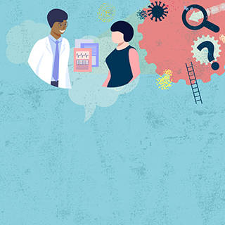 Graphic rendering of doctor and patient talking. Various tools such as a ladder and magnify glass shown next to them.  