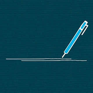 Blue background with drawing of pen writing a line 