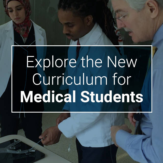 Doctor with two med students instructing with text "explore the new curriculum for Medical Students"
