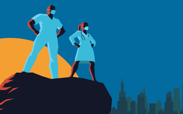 Illustration of male and female doctors standing on rock as superheroes