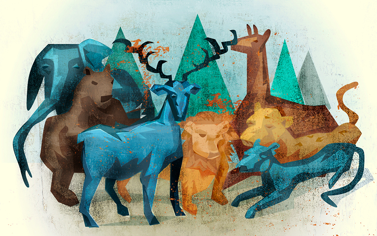 Illustration of a group of different kinds of animals