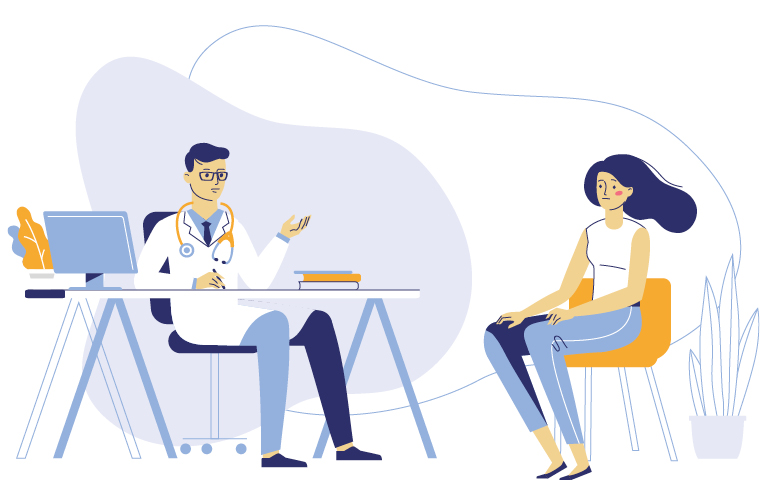 Jan 2020 - Difficult Conversations, illustration - woman patient meeting with male doctor at desk