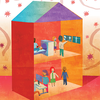 Illustration of multicolored house, patients and doctors in rooms