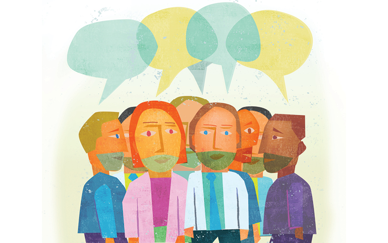 Illustration of people with talk bubbles above them