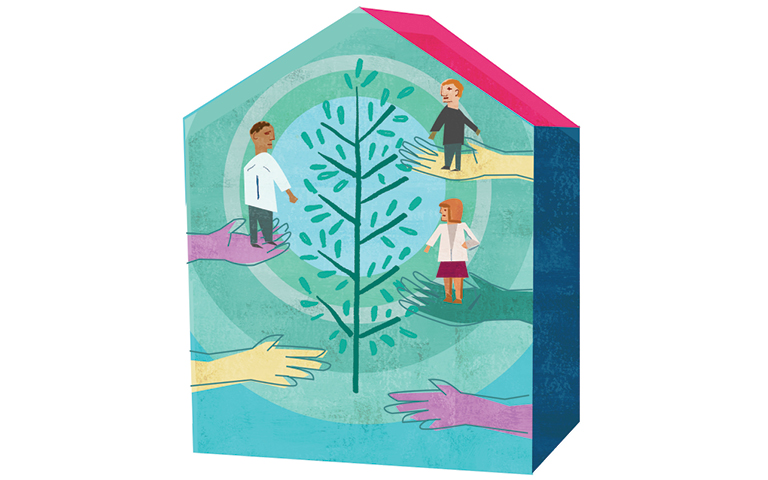 Illustration of house with tree inside, hands reaching out holding doctors and patients
