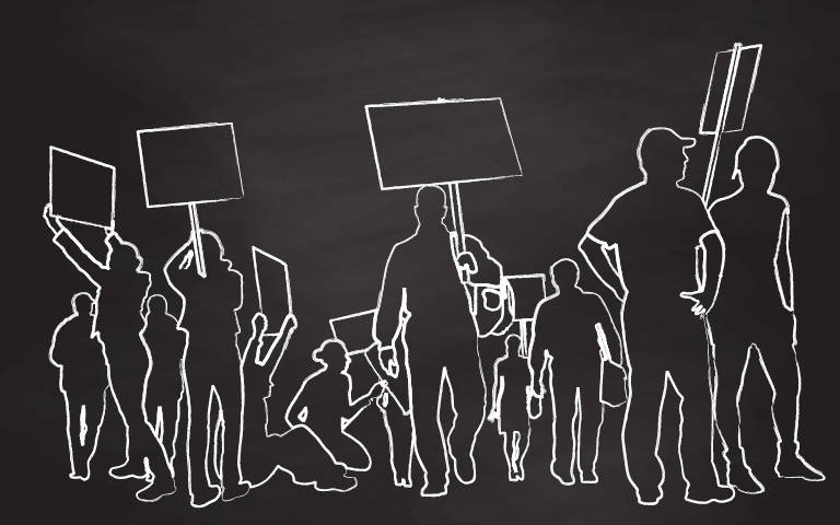 B&W chalk silhouettes of protestors