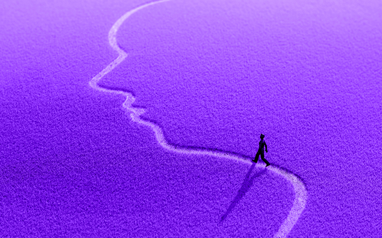Small black figure walking path that's a trace of a face, purple background