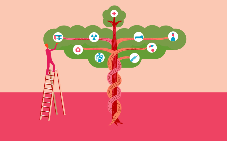 Figure on ladder plucking health equity fruit from tree