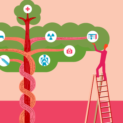 Illustration - figure on ladder picking health equity fruit from tree - tile