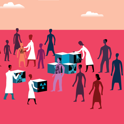 Illustration - doctors helping patients over barriers to health equity - tile