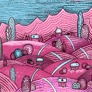 Art - rolling hills, pink pastoral landscape dotted with blue trees and homes - tile