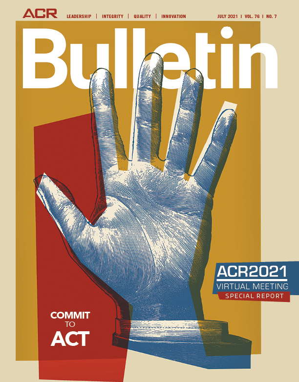 July Bulletin issue cover - Illustrated hand raised to speak up for health equity, blue hand, red yellow and blue background