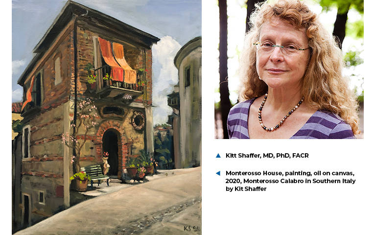 photo: Kitt Shaffer, MD, PhD, FACR; photo: painting of house in Calabria