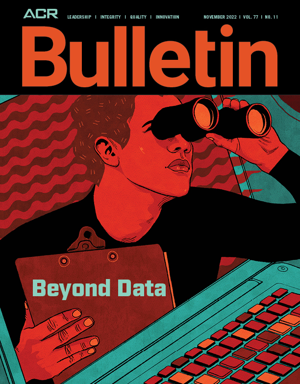 Nov Bulletin cover — illustration of a guy popping out of laptop screen looking through binoculars and holding a clipboard