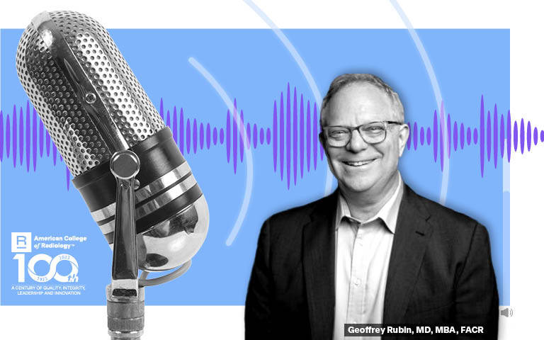 Photo collageL Microphone and sound waves background,  black and white photo of Geoffrey Rubin, MD, MBA, FACR in foreground