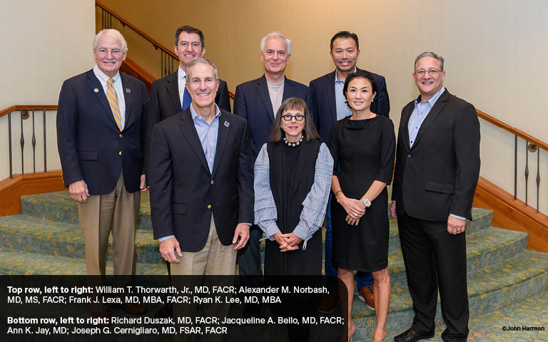 Photo of ACR Leadership, RLI Summit Leadership, RLI Board: Top row, left to right: William T. Thorwarth, Jr., MD, FACR; Alexander M. Norbash, MD, MS, FACR; Frank J. Lexa, MD, MBA, FACR; Ryan K. Lee, MD, MBA  Bottom row, left to right: Richard Duszak, MD, FACR; Jacqueline A. Bello, MD, FACR;  Ann K. Jay, MD; Joseph G. Cernigliaro, MD, FSAR, FACR