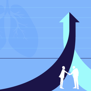 Illustration: People shaking hands in front of graph with upward arrow