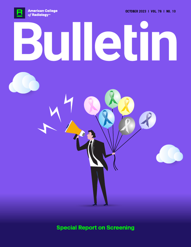 October Bulletin cover: Illustration of man holding balloons each with a cancer awareness ribbon on them