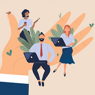 illustration of large hand holding three office workers in its palm