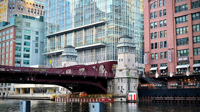 View of the LaSalle Street Bridge over the Chicago River in downtown Chicago