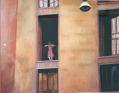 Painting of girl in a red dress looking down from a balcony by Michael Kelley, MD, FACR