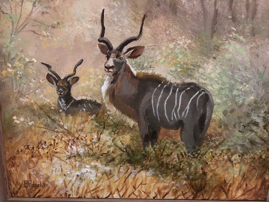 Acrylic painting of two kudu standing at attention by Eric Faerber, MD, FACR