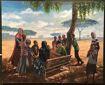 Painting of people gathered at an outdoor mobile health clinic in Ethiopia by Kuhn Hong, MD, FACR