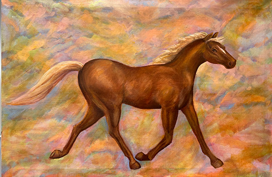 Painting of a horse trotting by Susan Frank, MD, FACR