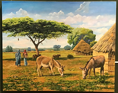 Painting of donkeys grazing in rural Ethiopia and two figures walking in the distance by Kuhn Hong, MD, FACR