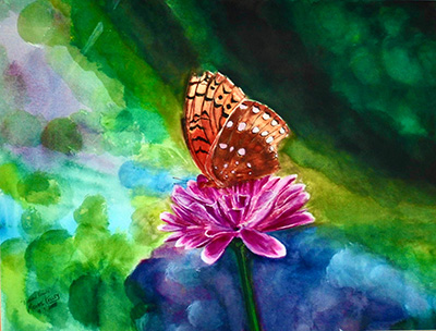 Painting of an orange butterfly with a torn wing drinking nectar from a flower by Michael Kelley, MD, FACR