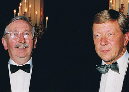 Nobel Laureate Godfrey N. Hounsfield, CBE, FRS, HonFREng (1919–2004) and Hans Ringertz, MD, PhD (L–R); European Congress of Radiology, Vienna, Austria, 1993.