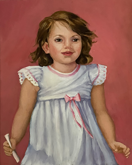 Little girl in a white dress with pink bow holding a folded paper, by Susan Frank, MD