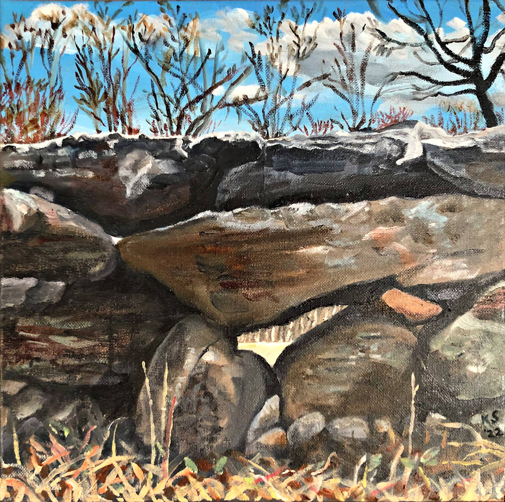 Oil painting of a stone wall by Kitt Shaffer, MD, PhD, FACR