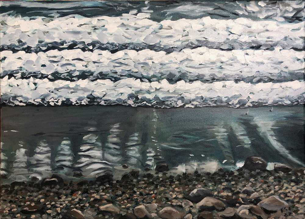 Oil painting of a waves crashing on a beach by Kitt Shaffer, MD, PhD, FACR