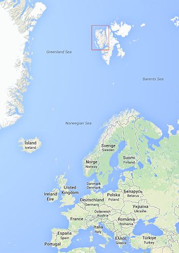 Map of Europe with Norwegian island of Svalbard highlighted