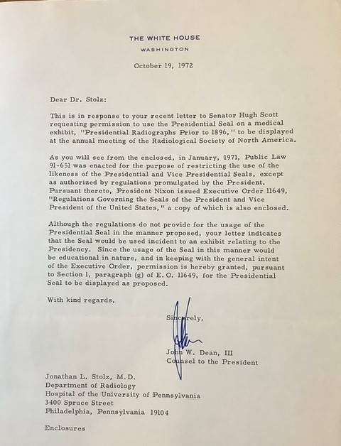 1972 Letter from John W. Dean III, Counsel to President Nixon to Jonathan L. Stolz, MD, FACR