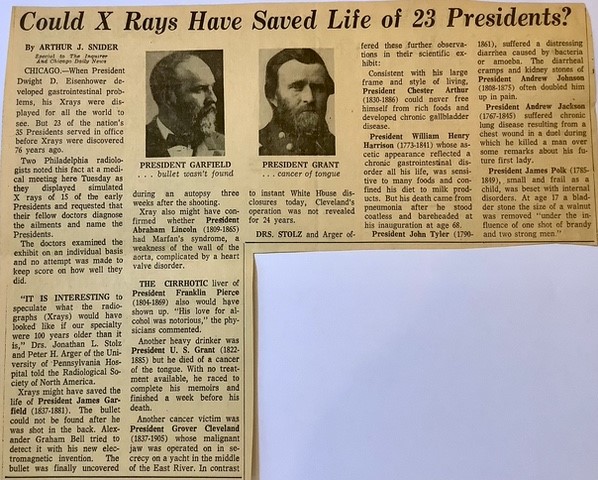 1972 newspaper article titled "Could X-Rays Have Saved Life of 23 Presidents?"