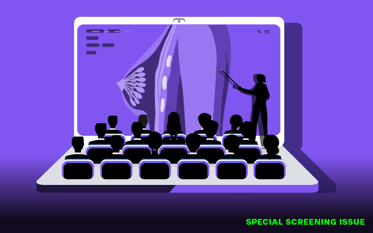 illustration of laptop with audience instead of keys watching a mammography presentation