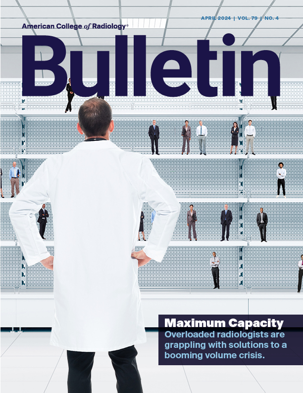 April Bulletin Cover. Dr looks at miniature people on a sparsely stocked  shelf