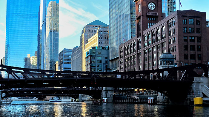 View of the Clark Street Bridge over the Chicago River in downtown Chicago