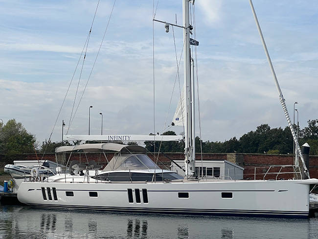 An Oyster 565, 56-foot sailing sloop named INFINITY
